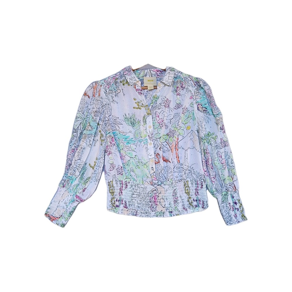 Maeve Anthropologie Blouse Watercolor Paint By Number Smocked Waist XS White